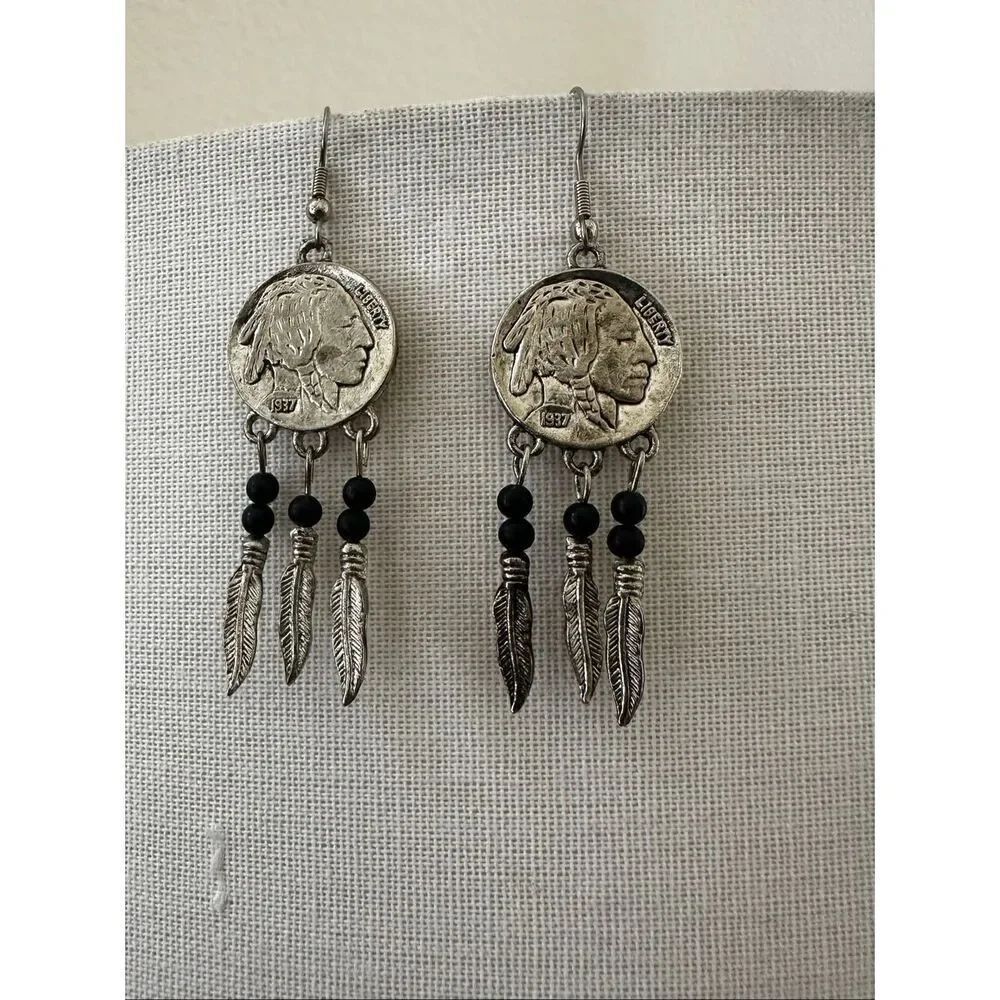 Buffalo Nickel Dream Catcher Earrings with Feather Charms